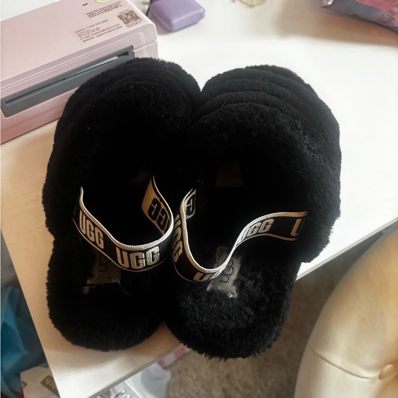UGG Black Fluffy Slides with Logo Strap - Picture 1 of 4